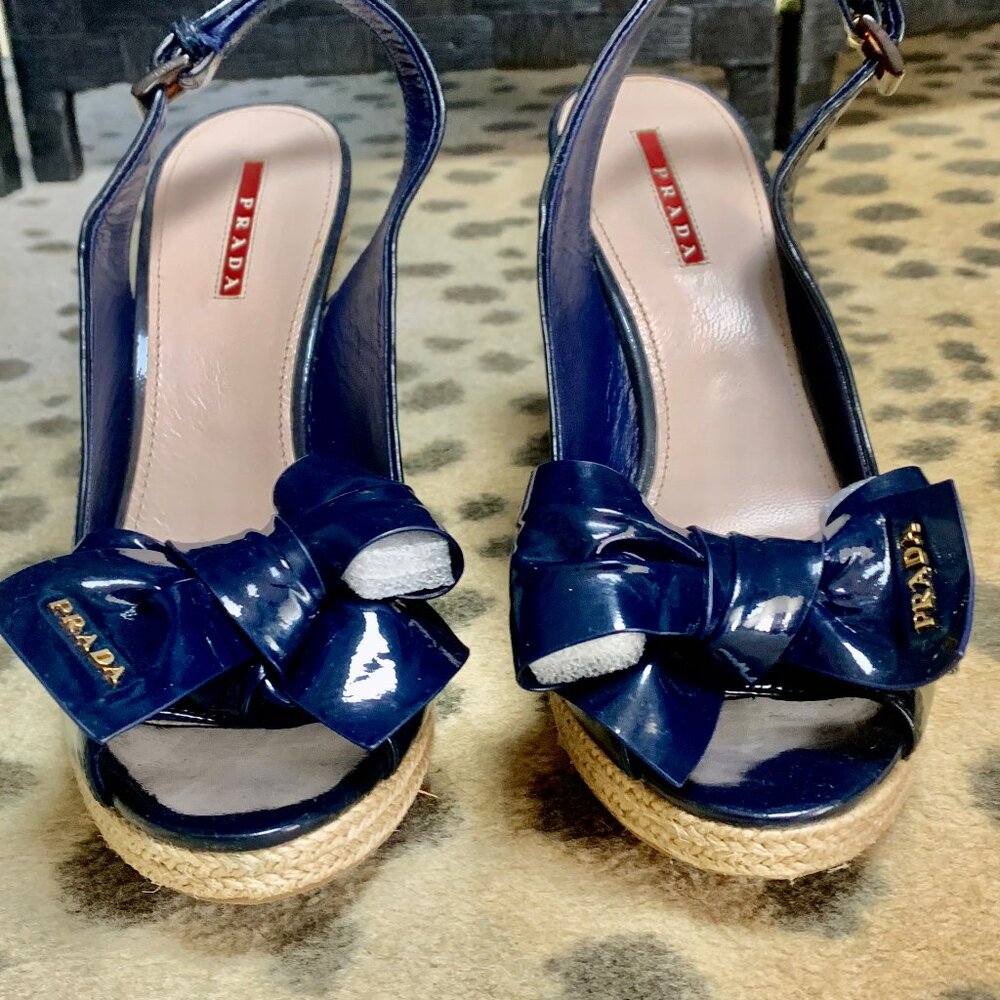 Prada Navy Blue Patten Leather Wedge sandals size 39/US 9